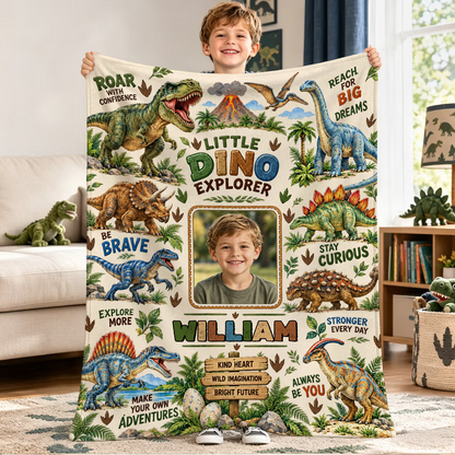 Little Explorer Personalized Dinosaur Photo Blanket - Custom Soft Throw Gift for Boys
