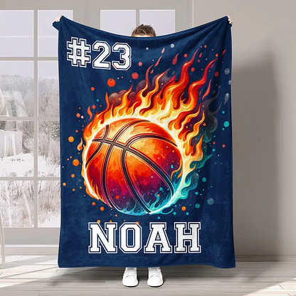 Personalized Flaming Basketball Throw Blanket, Custom Name & Number Blanket Gift for Basketball Fans
