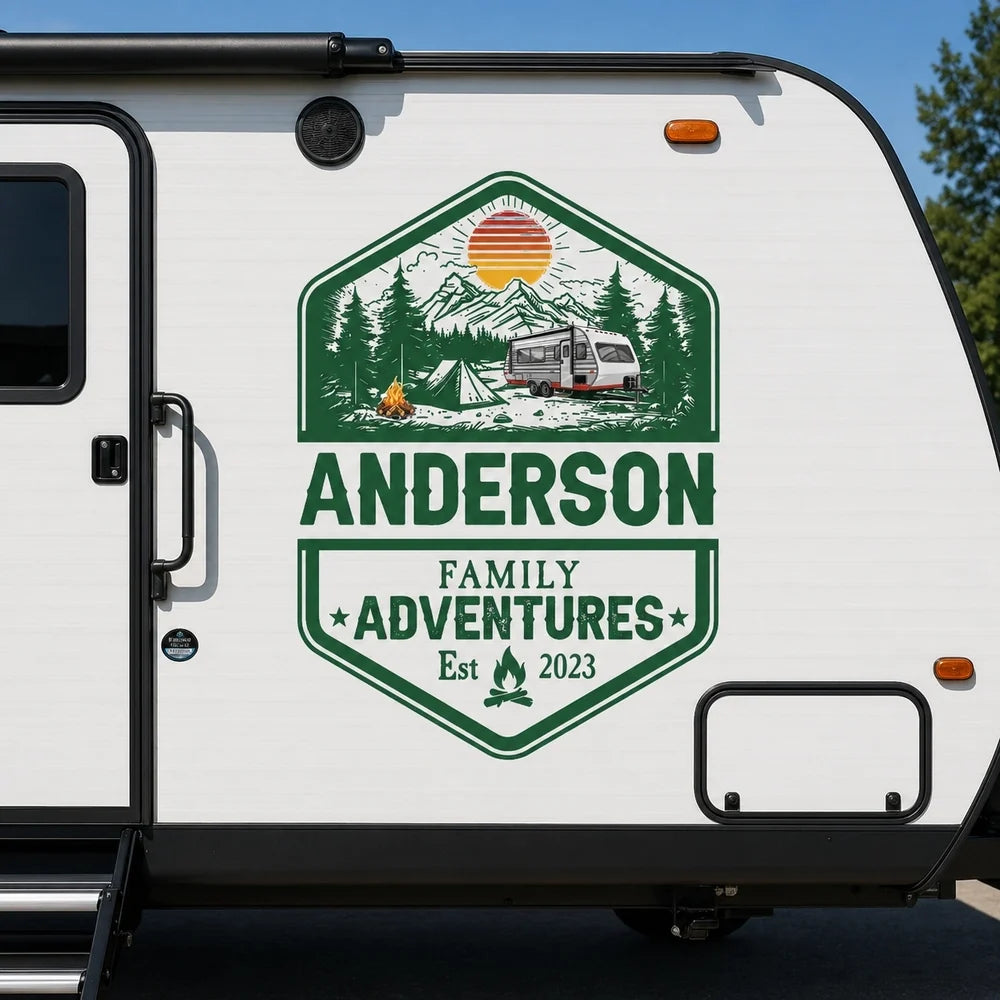 Custom RV Camper Family Adventure Sticker Decal - Mountain Camping Design Gift for Travelers