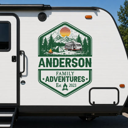 Custom RV Camper Family Adventure Sticker Decal - Mountain Camping Design Gift for Travelers