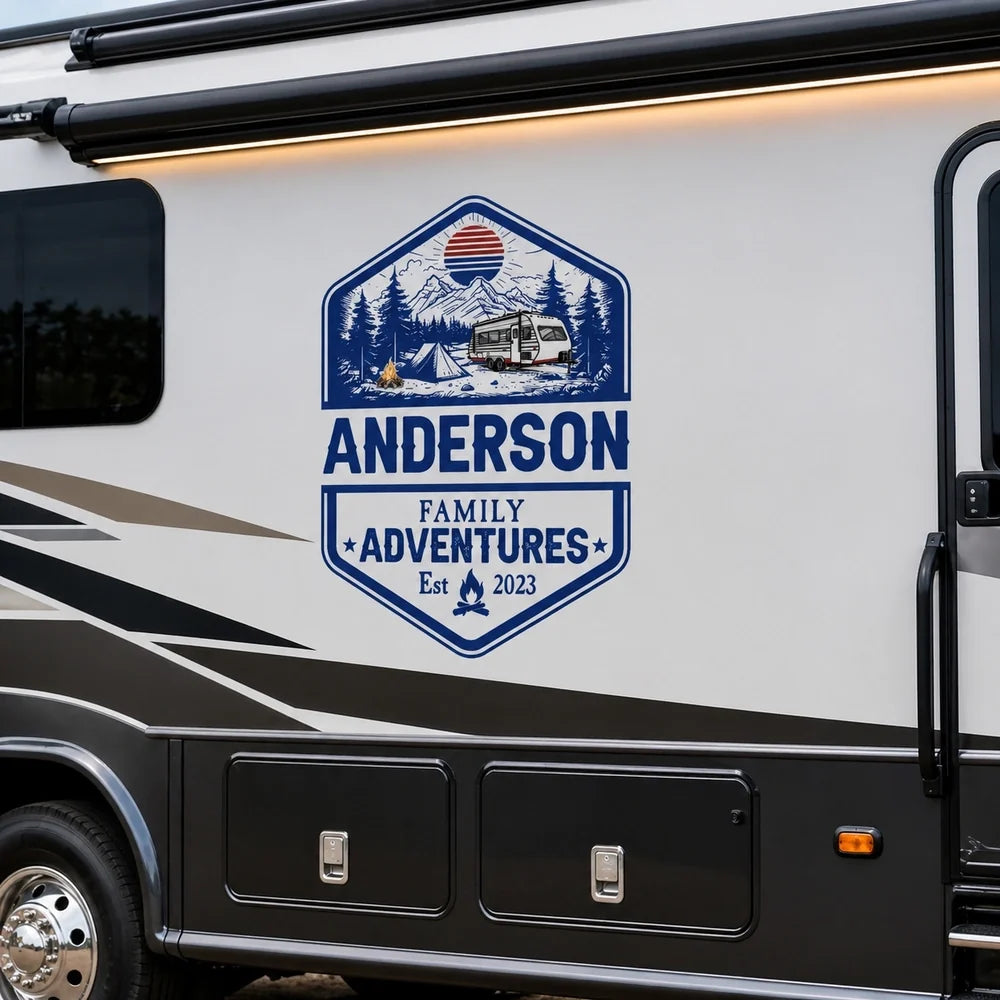 Custom RV Camper Family Adventure Sticker Decal - Mountain Camping Design Gift for Travelers