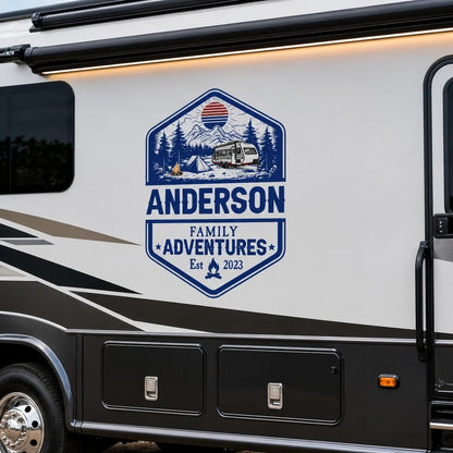 Custom RV Camper Family Adventure Sticker Decal - Mountain Camping Design Gift for Travelers