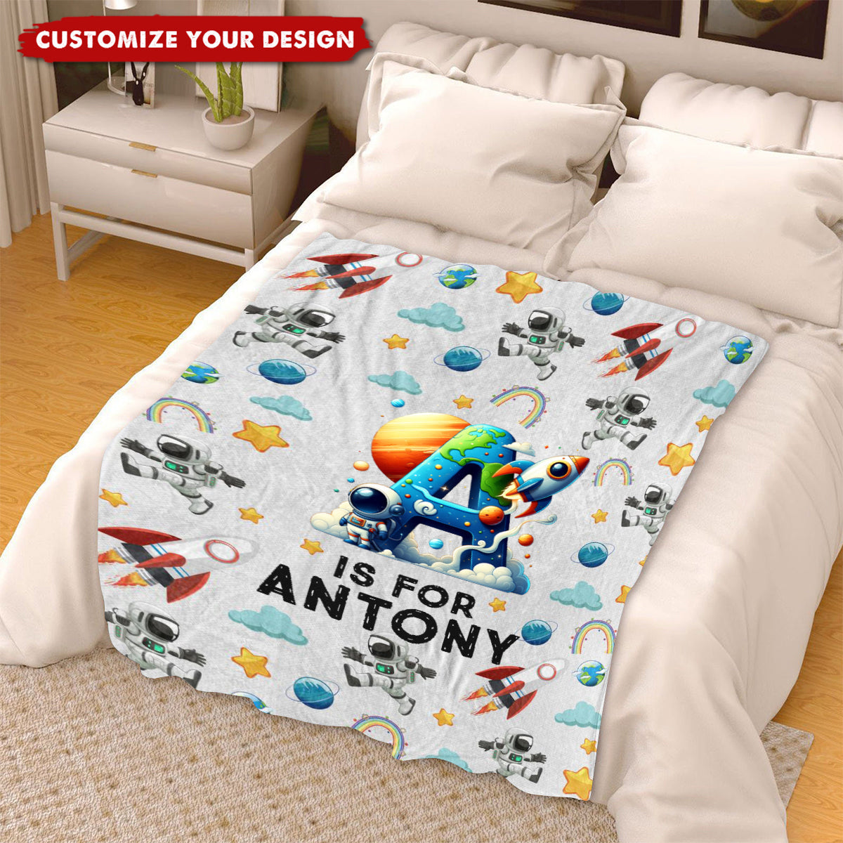 Personalized Monster Truck Astronaut Letter Blanket, Custom Soft Throw Blanket for Kids