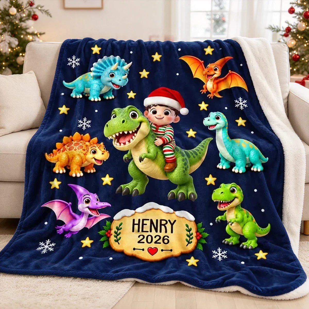 Personalized Dinosaur Fleece Blanket, Child Riding a Dinosaur in a Snowy Christmas Scene, Unique Gift for Kids