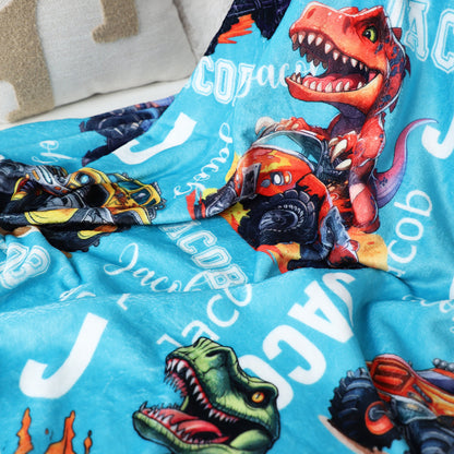 Little Roars, Big Adventures – Personalized Dinosaur & Monster Truck Blanket, Custom Name Gift for Kids