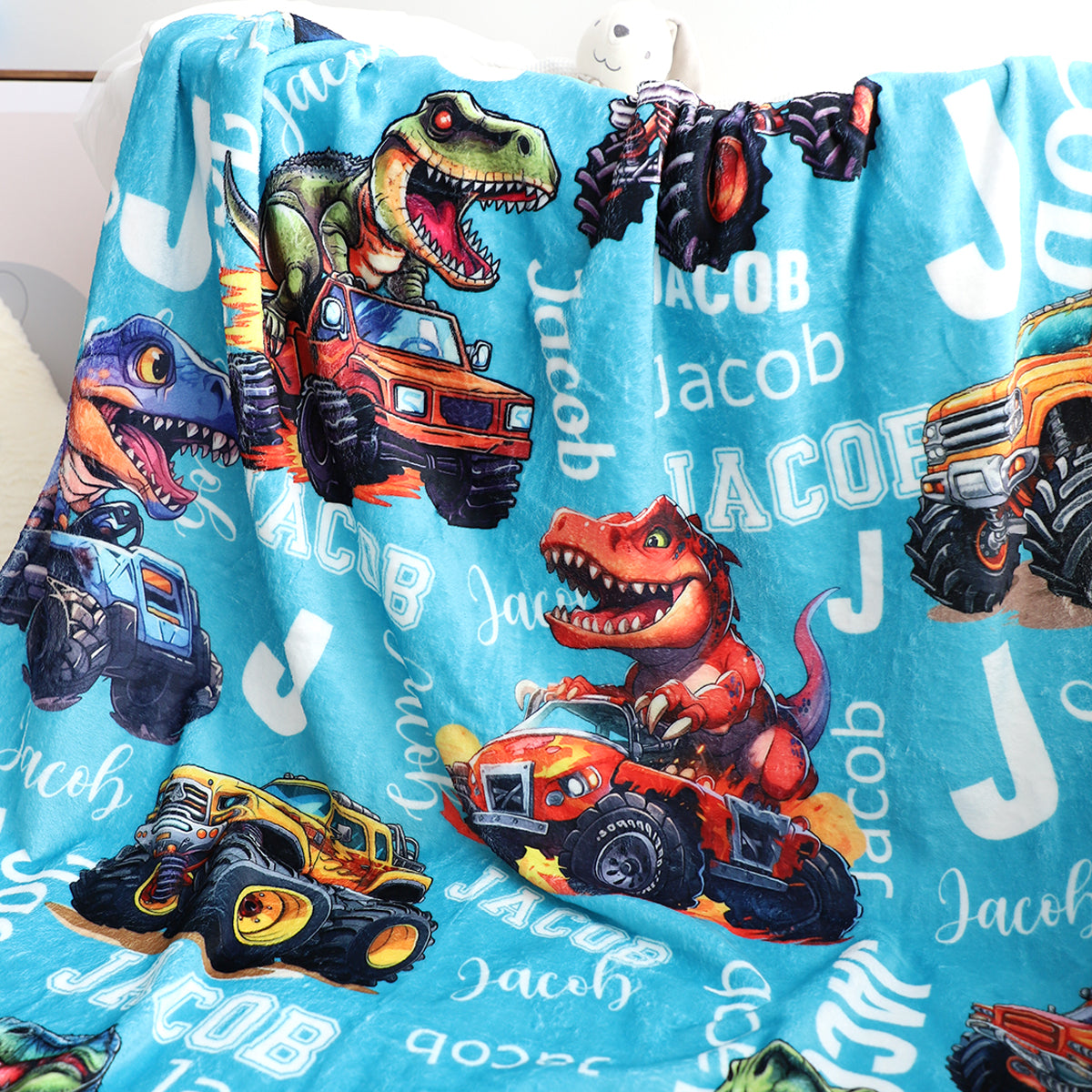 Little Roars, Big Adventures – Personalized Dinosaur & Monster Truck Blanket, Custom Name Gift for Kids