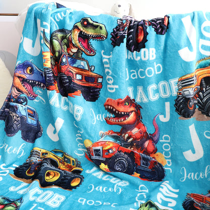 Little Roars, Big Adventures – Personalized Dinosaur & Monster Truck Blanket, Custom Name Gift for Kids