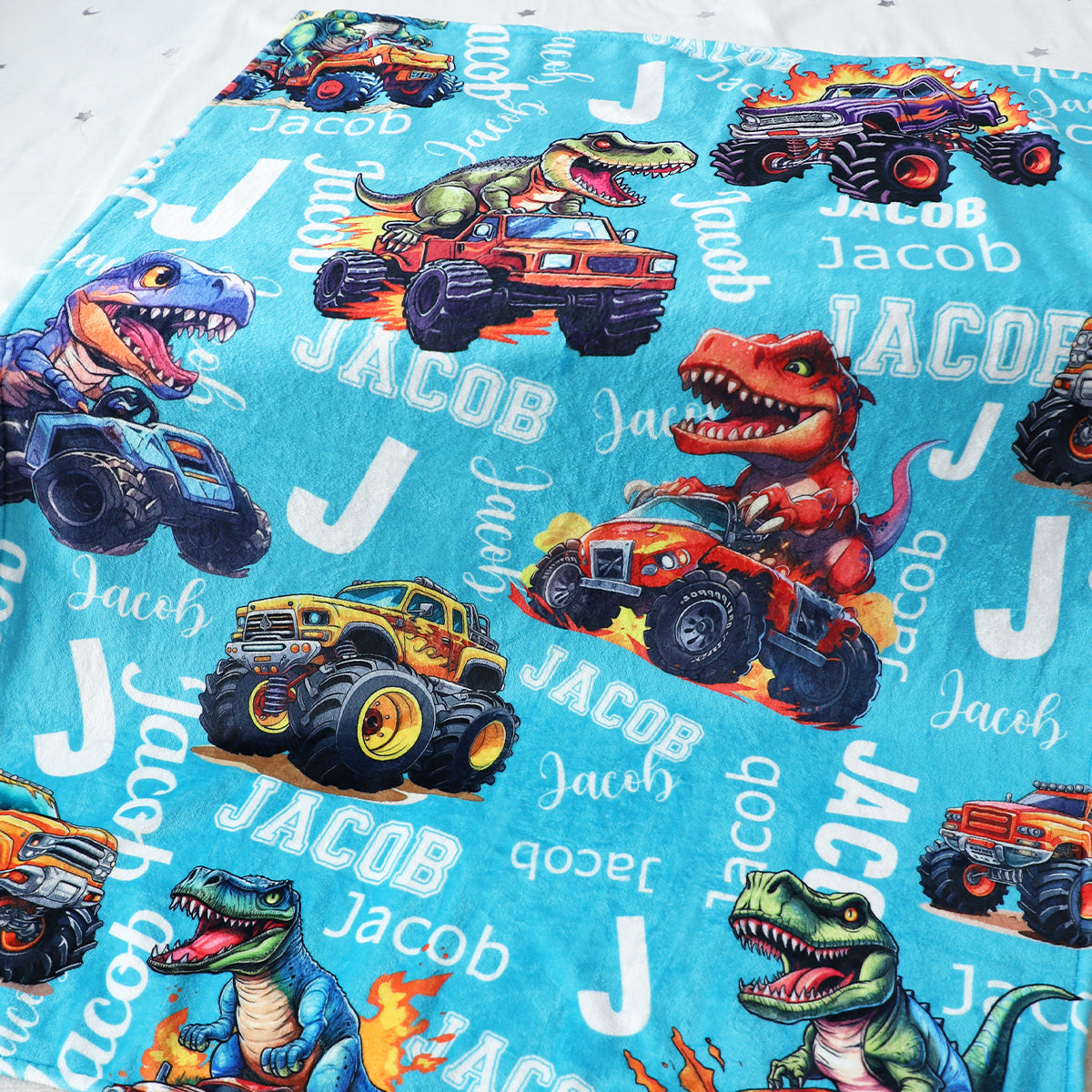 Little Roars, Big Adventures – Personalized Dinosaur & Monster Truck Blanket, Custom Name Gift for Kids