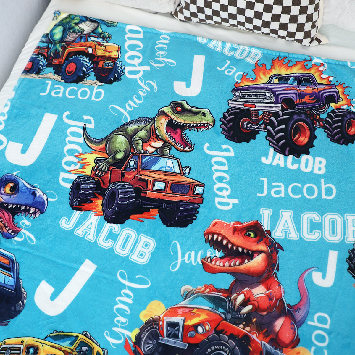 Little Roars, Big Adventures – Personalized Dinosaur & Monster Truck Blanket, Custom Name Gift for Kids