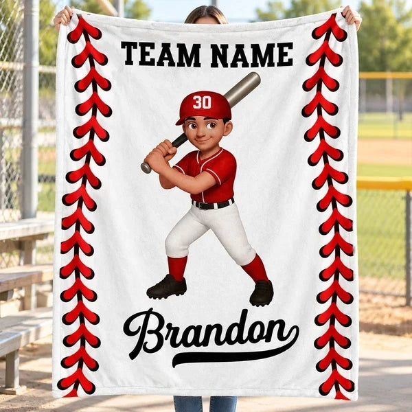 Personalized Fleece Blanket, Cartoon Baseball and Softball Player Hold ...