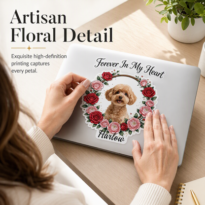 Custom Pet Memorial Sticker, Forever In My Heart Sunflower Wreath Personalized Pet Photo Decal, Custom Pet Name Vinyl Sticker for Car Window Laptop Fridge, Pet Loss Remembrance Gift for Dog Cat Owner