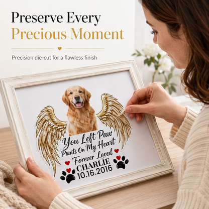 Personalized Pet Memorial Sticker, Custom Photo Angel Wing Decal, You Left Paw Prints On My Heart Forever Loved, Custom Name & Date Pet Loss Sympathy Gift for Dog Cat Owner, Waterproof Car Window Decal