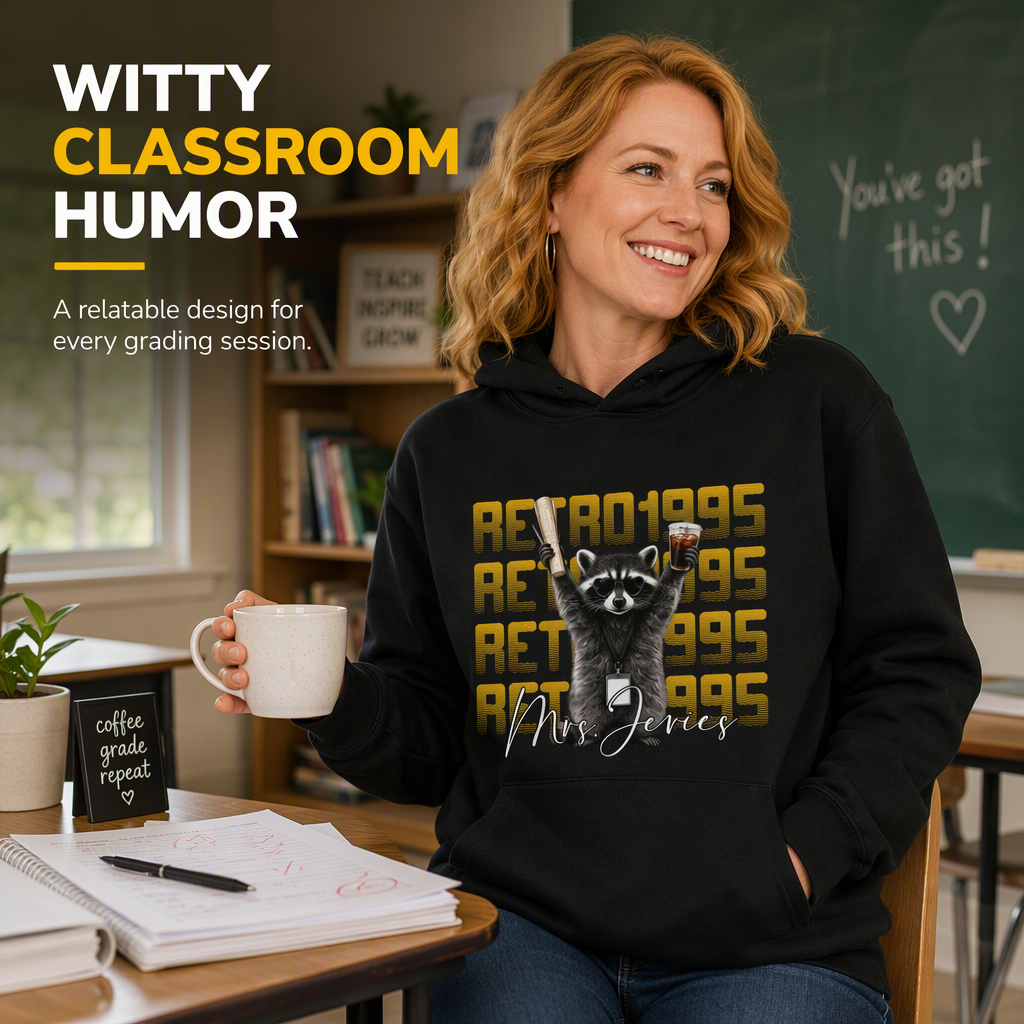 Classic hoodie, vintage raccoon holding test paper and iced coffee, teacher creative gift