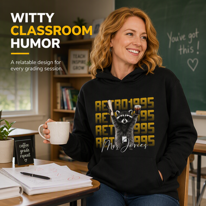 Classic hoodie, vintage raccoon holding test paper and iced coffee, teacher creative gift