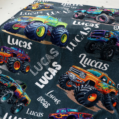 Personalized Monster Truck Blanket with Name - Keepsake Gift for Kids