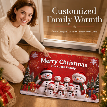 Custom Standard Doormat with Cute Snowman Family, Festive Entryway Decor for Grandparents' Home, Heartwarming Personalized Gift Idea for Indoor or Outdoor Use