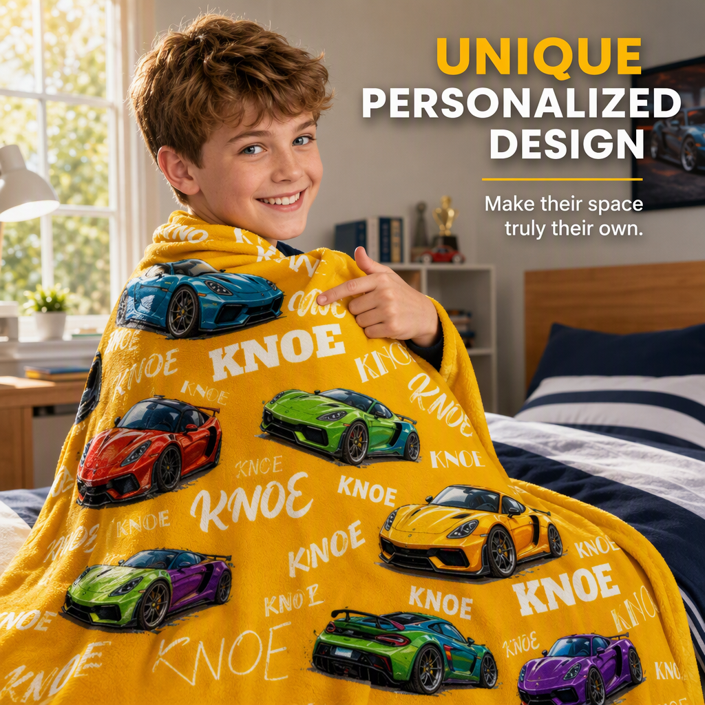 Customized sports car blanket with the child's name - a thoughtful customized gift to keep children warm at night