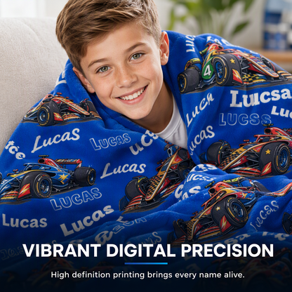 Customized racing blanket with child's name - a thoughtful custom gift to keep children warm at night