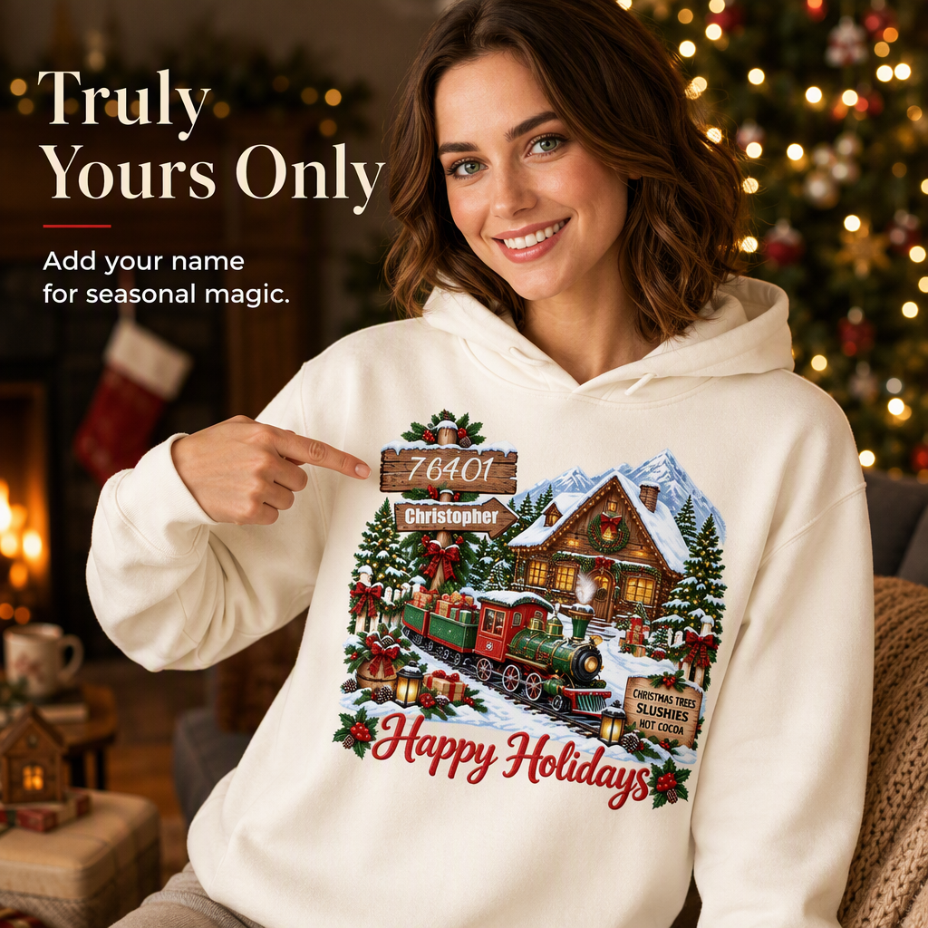 Personalized hoodies, snow town Christmas trains, unique gifts for family and friends