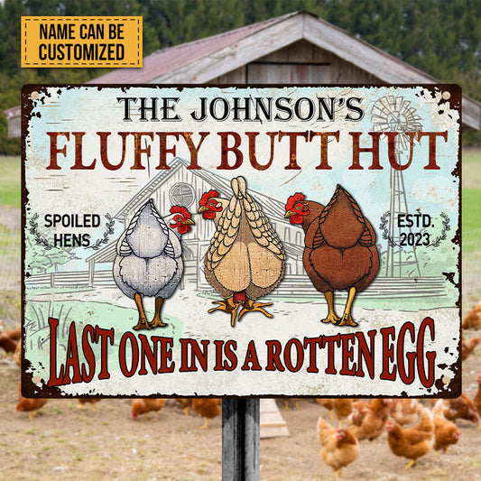 Welcome to the Fluffy Butt Hut – Personalized Chicken Coop Metal Sign, Custom Name Funny Farmhouse Decor
