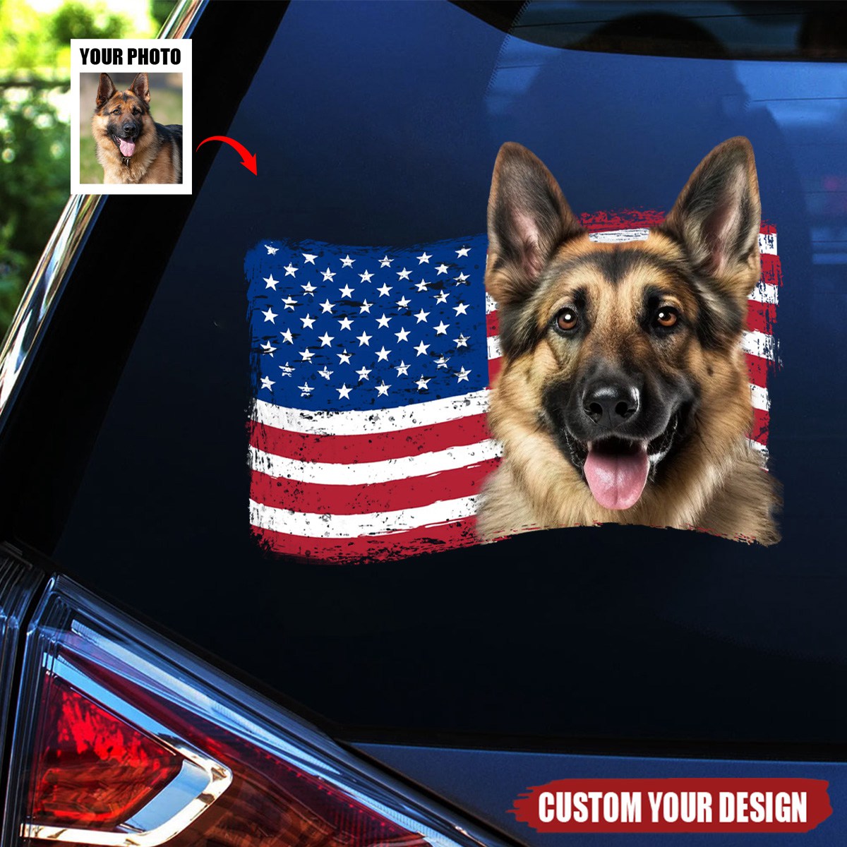 Paws, Stripes & American Pride – Personalized Dog Car Decal, Custom Patriotic Pet Sticker