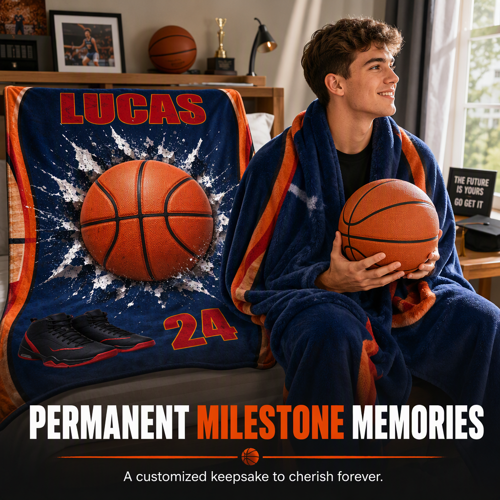 Gift for my son's graduation night as a basketball player - personalized basketball blanket and team souvenir