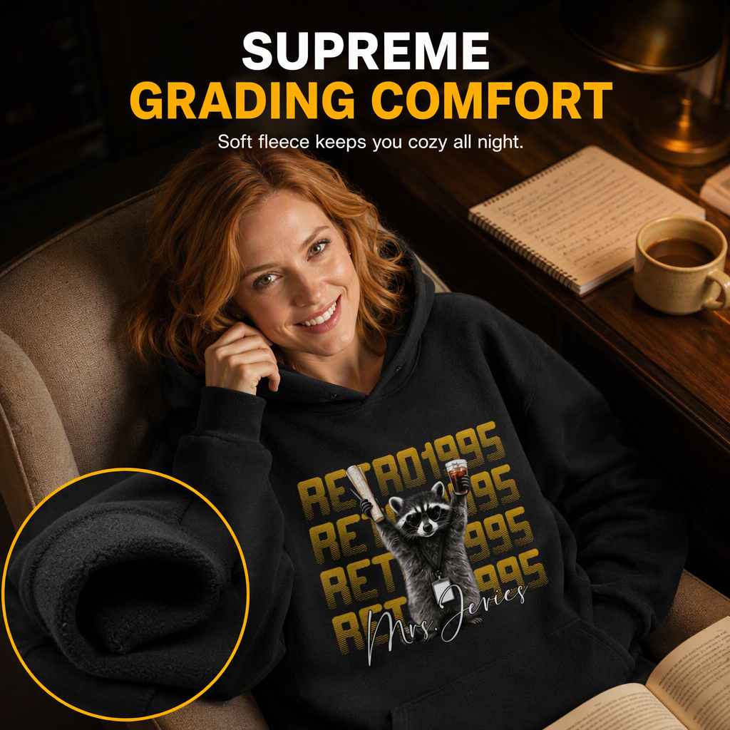 Classic hoodie, vintage raccoon holding test paper and iced coffee, teacher creative gift