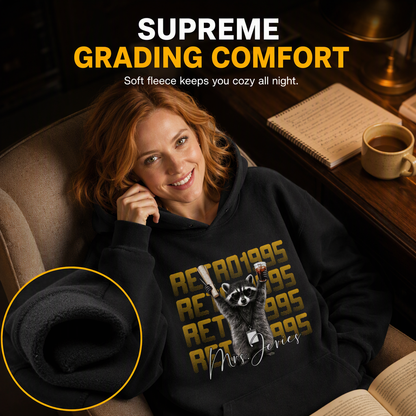 Classic hoodie, vintage raccoon holding test paper and iced coffee, teacher creative gift