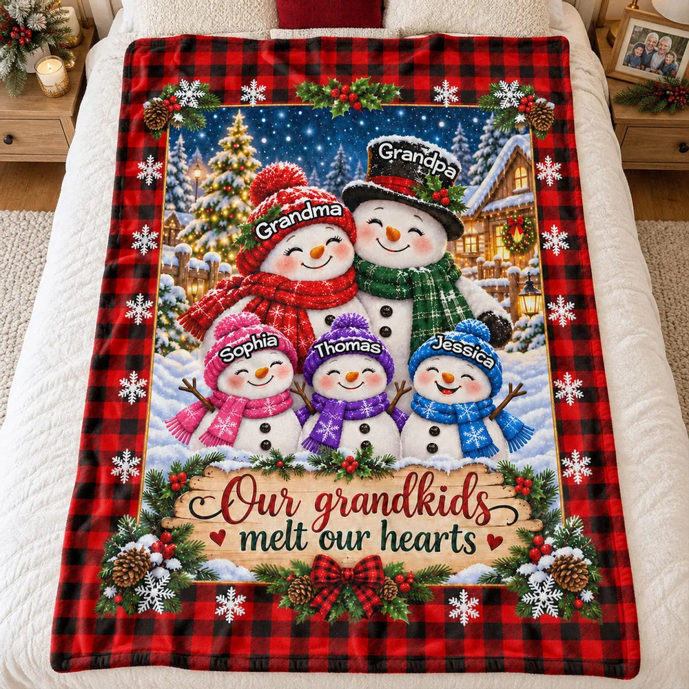 Personalized Fleece Blanket, Smiling Snowman Grandparents & Grandkids in Snowy Christmas Village, Unique Family Gift