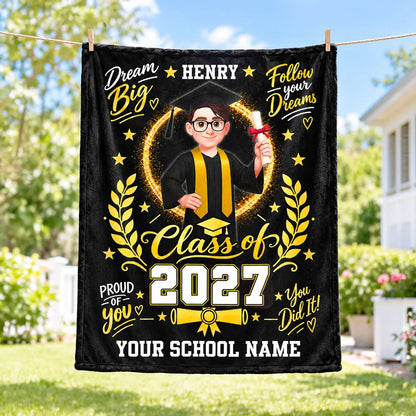 Graduation Personalized Fleece Blanket With Cap & Gown, Dream Big Quote, Sentimental Gift for Daughter & Granddaughter