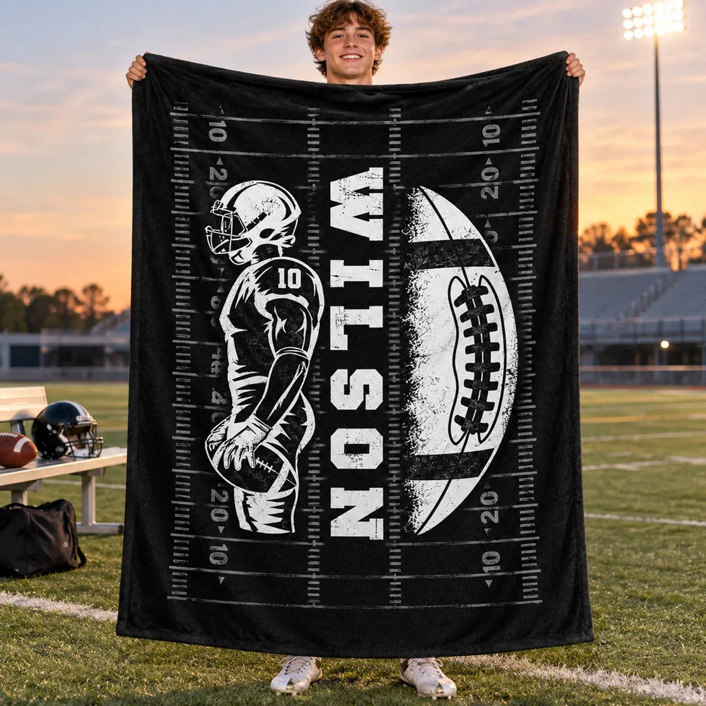 Personalized Fleece Blanket, Football Player Holding the Ball on the Field, Unique Gift for Son or Grandson