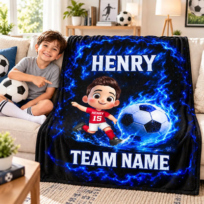 Personalized Fleece Blanket, Electric Blue Cartoon Child Kicking a Soccer Ball, Unique Gift for Young Players