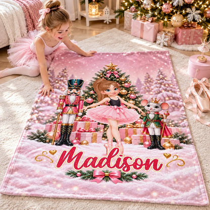 Personalized Pink Nutcracker Ballerina Fleece Blanket, Christmas Ballet Scene Design, Sweet Gift for Daughter