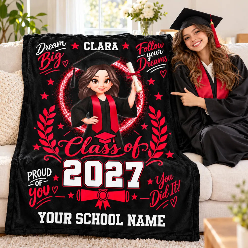 Graduation Personalized Fleece Blanket With Cap & Gown, Dream Big Quote, Sentimental Gift for Daughter & Granddaughter