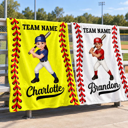 Personalized Fleece Blanket, Cartoon Baseball and Softball Player Holding a Bat, Unique Gift for Son or Daughter