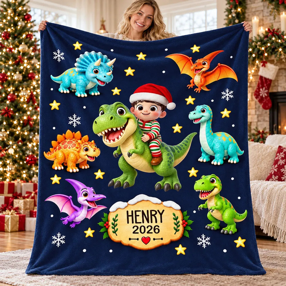 Personalized Dinosaur Fleece Blanket, Child Riding a Dinosaur in a Snowy Christmas Scene, Unique Gift for Kids