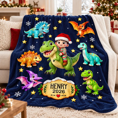 Personalized Dinosaur Fleece Blanket, Child Riding a Dinosaur in a Snowy Christmas Scene, Unique Gift for Kids