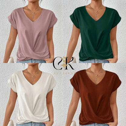 💥 STOR REA 👚 Elegant kortärmad T-shirt med vriden V-ringning