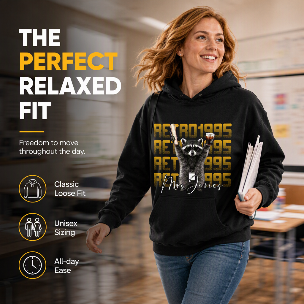 Classic hoodie, vintage raccoon holding test paper and iced coffee, teacher creative gift