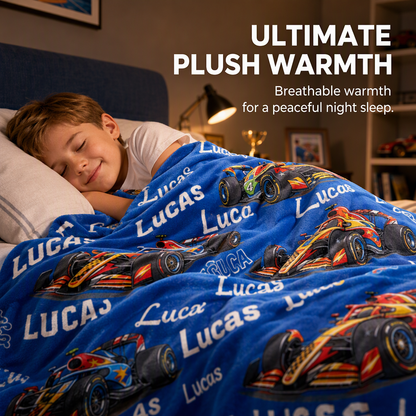 Customized racing blanket with child's name - a thoughtful custom gift to keep children warm at night