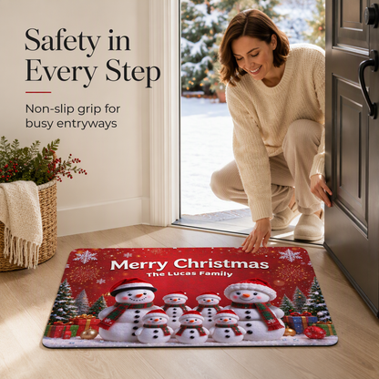 Custom Standard Doormat with Cute Snowman Family, Festive Entryway Decor for Grandparents' Home, Heartwarming Personalized Gift Idea for Indoor or Outdoor Use
