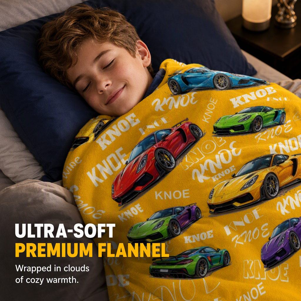 Customized sports car blanket with the child's name - a thoughtful customized gift to keep children warm at night