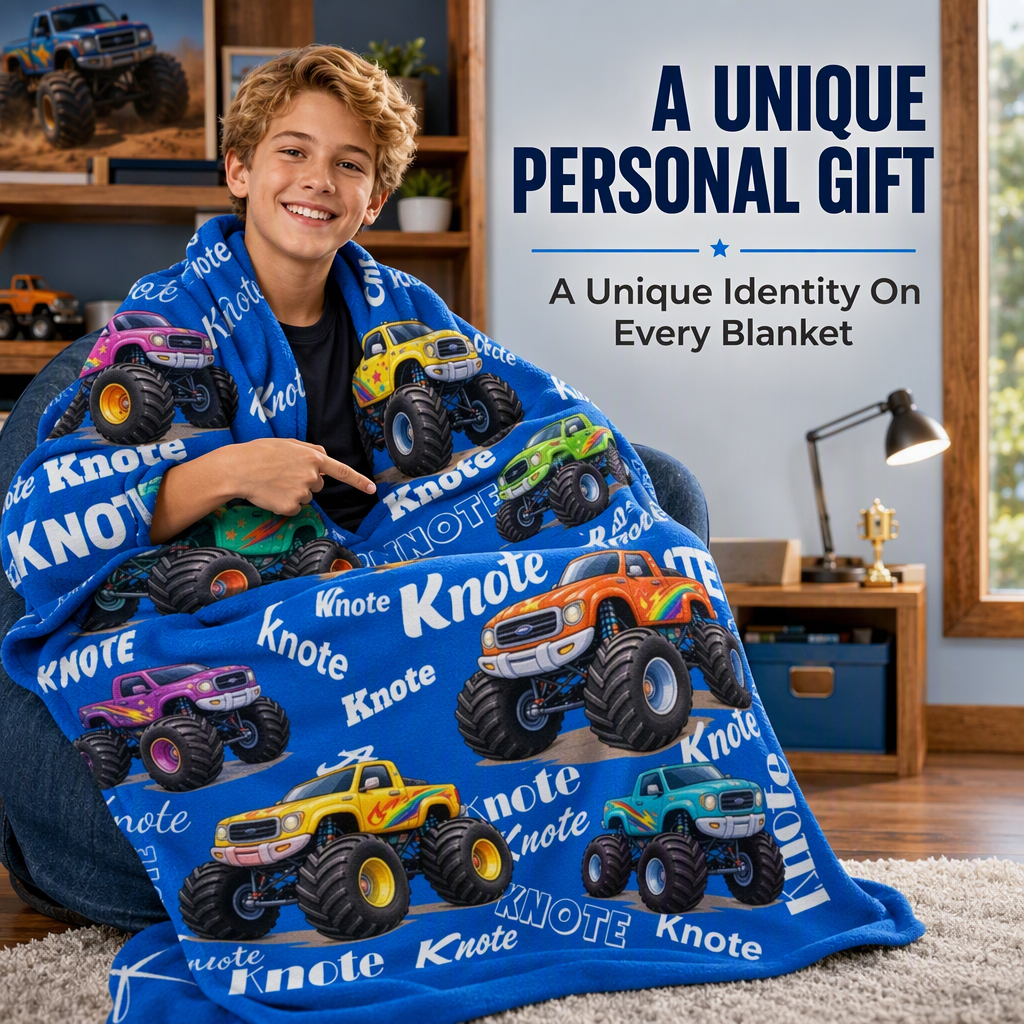 Custom Monster Truck Blanket Engraved With Child’s Name - Lovely Gift to Keep Your Child Snug
