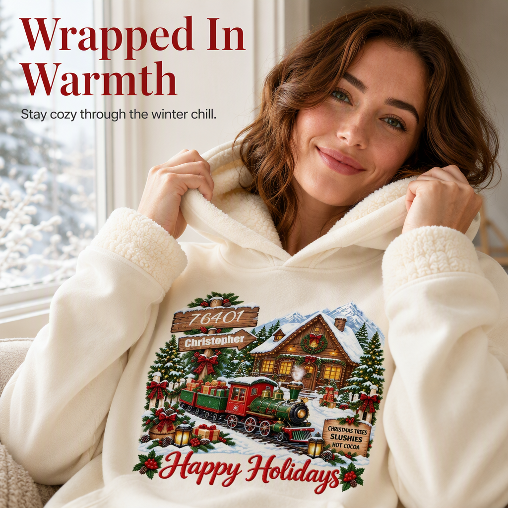 Personalized hoodies, snow town Christmas trains, unique gifts for family and friends