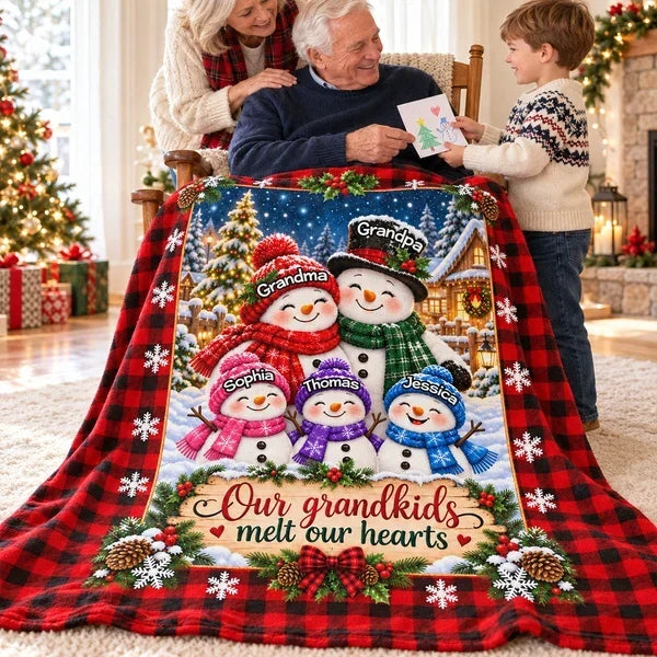 Personalized Fleece Blanket, Smiling Snowman Grandparents & Grandkids in Snowy Christmas Village, Unique Family Gift