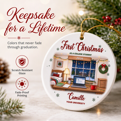 Personalized Ceramic Ornament, Colorful College Study Desk, Unique Christmas Gift for College Student