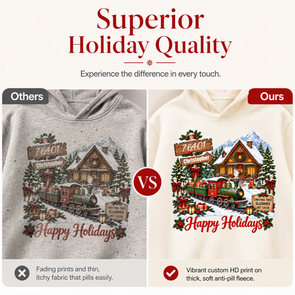 Personalized hoodies, snow town Christmas trains, unique gifts for family and friends