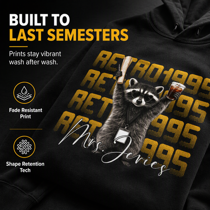 Classic hoodie, vintage raccoon holding test paper and iced coffee, teacher creative gift