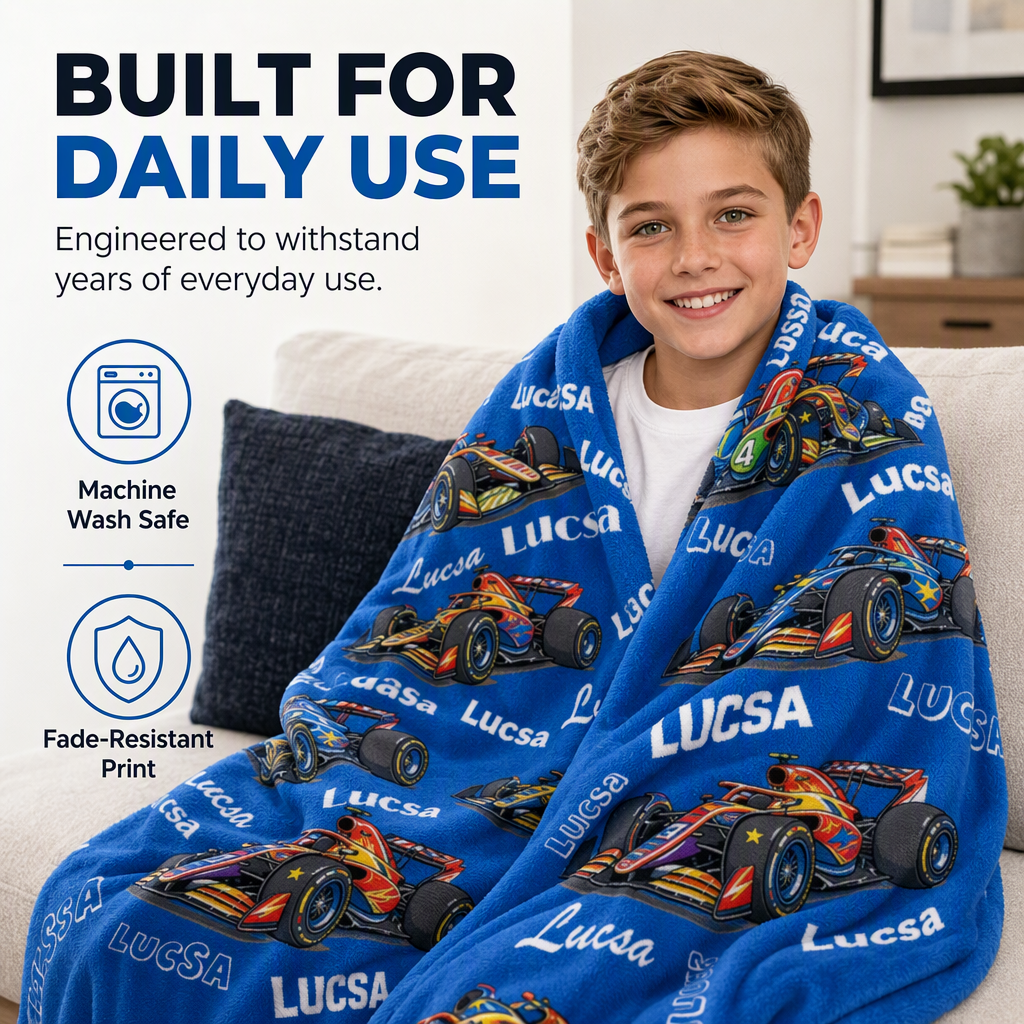 Customized racing blanket with child's name - a thoughtful custom gift to keep children warm at night