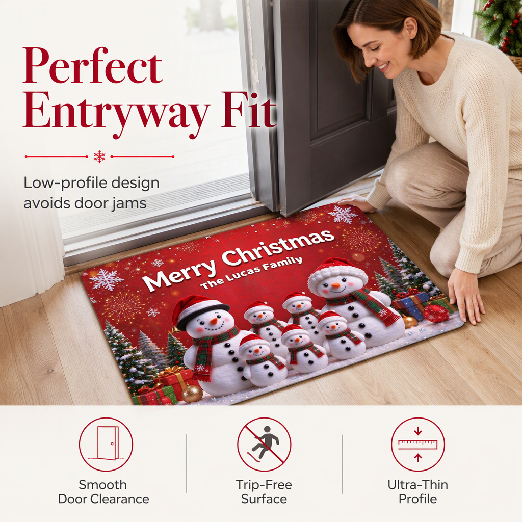 Custom Standard Doormat with Cute Snowman Family, Festive Entryway Decor for Grandparents' Home, Heartwarming Personalized Gift Idea for Indoor or Outdoor Use